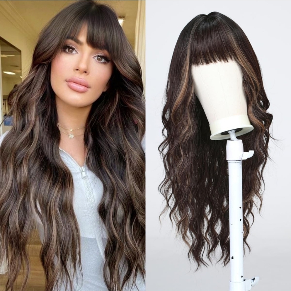 Long Curly Brown with Blonde Highlight Wigs with Bangs 26 in